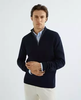 Мужской однотонный свитер на полумолнии с контрастным внутренним воротником Hackett, темно-синий
