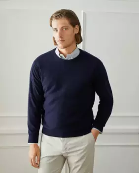 Мужской однотонный свитер с круглым вырезом 100% кашемир Emidio Tucci, тёмно-синий