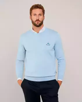 Мужской однотонный свитер с круглым вырезом и логотипом в виде птицы Faonnable, голубой