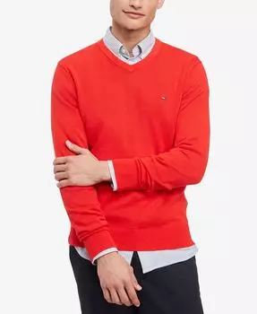 Мужской однотонный свитер с v-образным вырезом Essential Tommy Hilfiger, красный