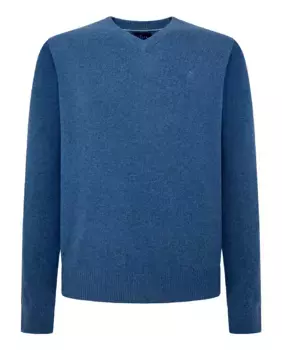 Мужской однотонный свитер с V-образным вырезом и вышитым логотипом Hackett, синий