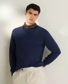 Мужской однотонный свитер с V-образным вырезом из шелка, хлопок Emidio Tucci, тёмно-синий