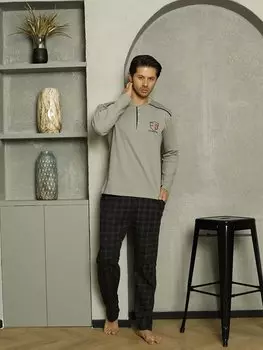 Мужской пижамный комплект с окантовкой на плечах в клетку из хлопка, сезонный M70132275 ahengim, серый