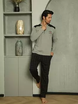 Мужской пижамный комплект с плечевым ремнем в клетку 29 с вышивкой, сезонный хлопок M70122274 ahengim, серый
