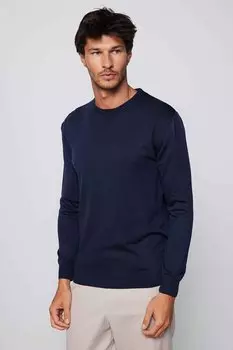 Мужской приталенный узкий свитер с круглым вырезом и защитой от катышков, темно-синий с мягкой текстурой TUDORS