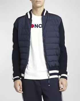 Мужской пуховый комбинированный свитер на молнии Moncler, цвет Navy
