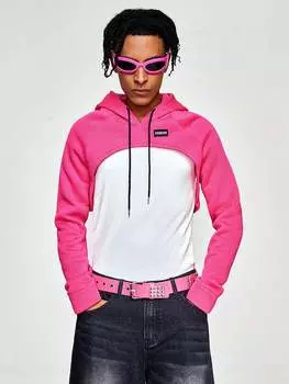 Мужской пуловер ROMWE Street Life, флисовый капюшон, с буквами, прошитый узор на ткани, короткая передняя часть, длинная задняя часть, дизайн на кулиске, розовый фуксия