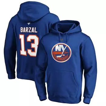 Мужской пуловер с капюшоном с фирменным логотипом Mathew Barzal Royal New York Islanders с аутентичным именем и номером Fanatics