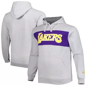 Мужской пуловер с капюшоном с логотипом Heather Grey Los Angeles Lakers Big & Tall с надписью Fanatics