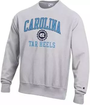 Мужской пуловер с круглым вырезом Champion North Carolina Tar Heels, серебристо-серый свитшот с круглым вырезом обратного переплетения
