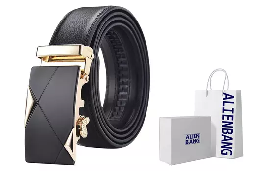 Мужской ремень из коровьей кожи, 3,5 см ALIEN BANG, Black with Silver Buckle