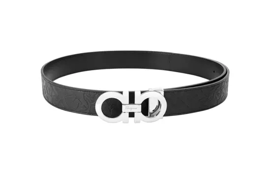 Мужской ремень из кожи с тиснением Gamma и двойным ганчини от FERRAGAMO Salvatore