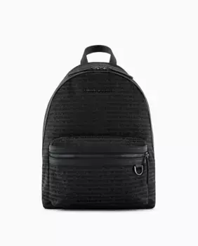 Мужской рюкзак из жаккардового хлопка с металлическим логотипом Emporio Armani, черный