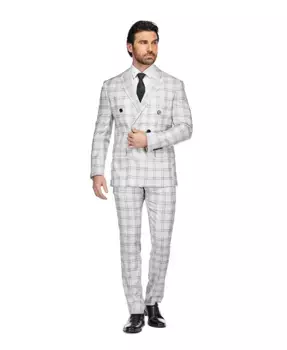 Мужской серый клетчатый двубортный костюм 2 предмета Slim Fit Gino Vitale, белый