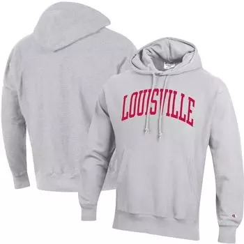 Мужской серый пуловер с капюшоном Louisville Cardinals Team Arch обратного плетения с принтом меланжевого цвета Champion