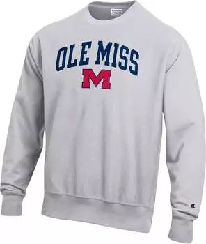 Мужской серый свитшот с круглым вырезом обратного плетения Champion Ole Miss Rebels