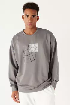 Мужской серый свободный хлопковый свитшот с круглым вырезом и принтом оверсайз AC&Co/Altnyldz Classics AC&Co Altinyildiz Classics