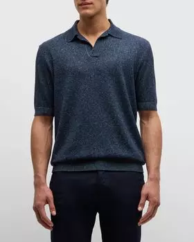Мужской шелково-льняной свитер-поло с воротником Johnny Loro Piana, цвет Blue Navy/Alaska