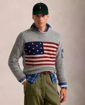 Мужской шерстяной свитер с принтом флага США Polo Ralph Lauren, серый