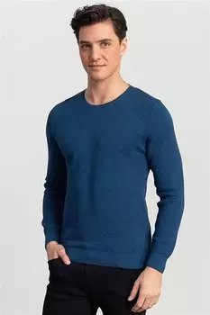 Мужской свитер цвета индиго приталенного кроя с круглым вырезом и сотовым узором TUDORS, индиго