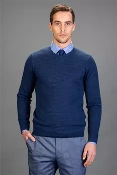 Мужской свитер цвета индиго приталенного кроя с круглым вырезом и сотовым узором TUDORS, индиго