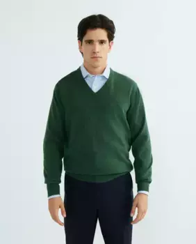 Мужской свитер из 100% шерсти с V-образным вырезом Alan Paine, темно-зеленый