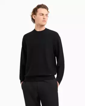 Мужской свитер из натуральной шерсти с микроструктурой круглого выреза Emporio Armani, темно-синий