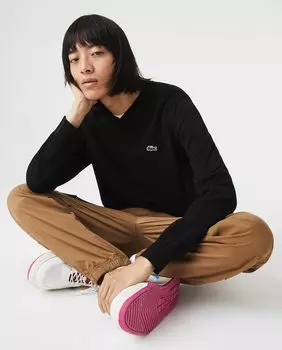 Мужской свитер из органического хлопка с v-образным вырезом Lacoste, черный