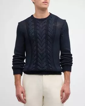 Мужской свитер из шелкового хлопка косой вязки с круглым вырезом Isaia, цвет Dark Blue
