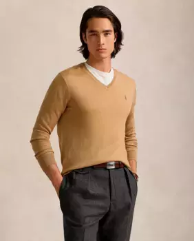Мужской свитер из шерсти мериноса с V-образным вырезом Polo Ralph Lauren, цвет Camel
