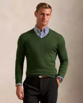 Мужской свитер из шерсти мериноса с V-образным вырезом Polo Ralph Lauren, цвет Verde Musgo