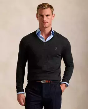 Мужской свитер из шерсти мериноса с V-образным вырезом Polo Ralph Lauren, темно-серый