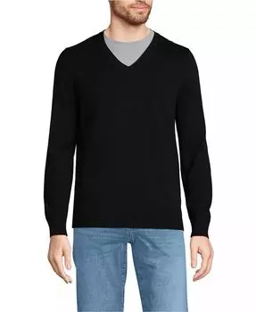 Мужской свитер из тонкого хлопка с V-образным вырезом Lands' End, черный