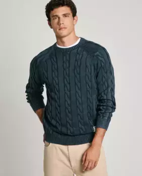 Мужской свитер косой вязки с круглым вырезом Pepe Jeans, темно-синий
