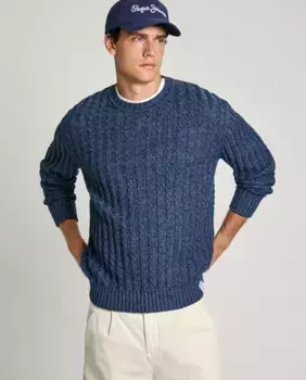 Мужской свитер косой вязки с круглым вырезом Pepe Jeans, темно-синий
