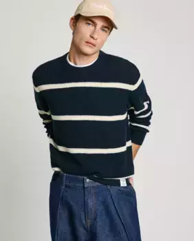 Мужской свитер моховой вязки с полосатым принтом Pepe Jeans, темно-синий