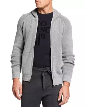 Мужской свитер с капюшоном и молнией в рубчик реглан Corneliani, цвет Charcoal