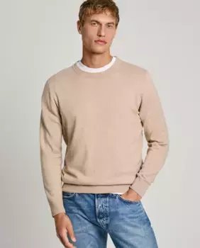 Мужской свитер с круглым вырезом и вышитым логотипом на рукаве Pepe Jeans, бежевый
