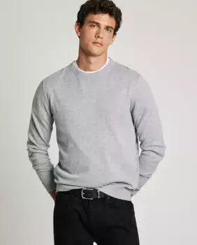 Мужской свитер с круглым вырезом и вышитым логотипом на рукаве Pepe Jeans, серый