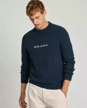 Мужской свитер с круглым вырезом и вышитым логотипом Pepe Jeans, темно-синий