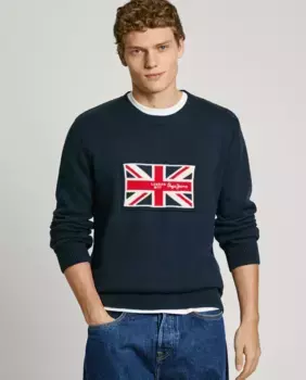 Мужской свитер с круглым вырезом и вышивкой «Юнион Джек» Pepe Jeans, тёмно-синий