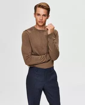 Мужской свитер с круглым вырезом Selected, коричневый