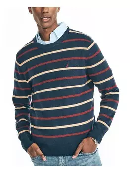 Мужской свитер с круглым вырезом в полоску и рубчатую отделку Nautica, темно-синий
