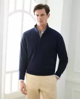 Мужской свитер с лебединым вырезом на молнии из мериносового хлопка Emidio Tucci, темно-синий