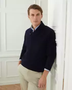 Мужской свитер с шалевым воротником и однотонной пуговицей из 100% овечьей шерсти Emidio Tucci, темно-синий