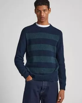 Мужской свитер с темно-синим полосатым принтом и круглым вырезом Pepe Jeans, темно-синий