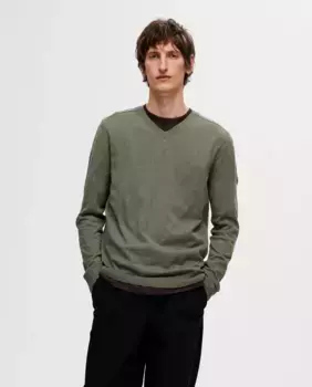 Мужской свитер с V-образным вырезом 100% хлопок Selected, темно-зеленый