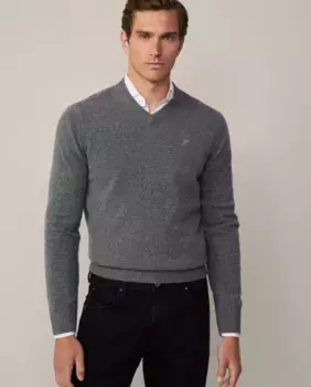Мужской свитер с V-образным вырезом и вышитым логотипом Hackett, темно-серый