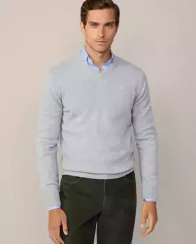 Мужской свитер с V-образным вырезом и вышитым логотипом Hackett, светло-серый