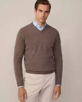 Мужской свитер с V-образным вырезом и вышитым логотипом Hackett, бежевый